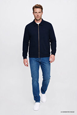Pamuklu Relaxed Fit Dik Yaka Fermuarlı Selanik Örgü Sweatshirt - Navy-W2620068410 (görsel 2)