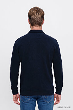 Pamuklu Relaxed Fit Dik Yaka Fermuarlı Selanik Örgü Sweatshirt - Navy-W2620068410 (görsel 5)