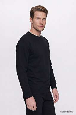 Pamuklu Selanik Regular Fit Normal Kesim Bisiklet Yaka Sweatshirt - Black-W2620080001 (görsel 3)