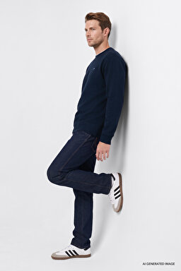 Pamuklu Selanik Regular Fit Normal Kesim Bisiklet Yaka Sweatshirt - Navy-W2620080410 (görsel 2)
