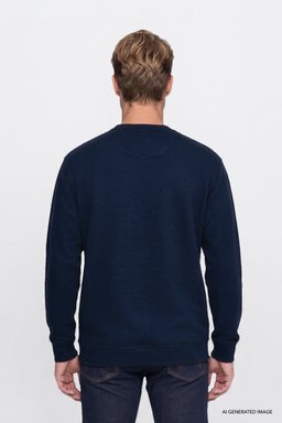 Pamuklu Selanik Regular Fit Normal Kesim Bisiklet Yaka Sweatshirt - Navy-W2620080410 (görsel 4)