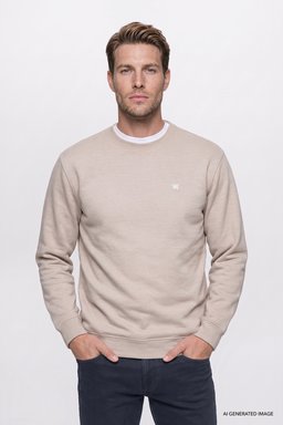 Pamuklu Selanik Regular Fit Normal Kesim Bisiklet Yaka Sweatshirt - Beige Melange-W2620080500