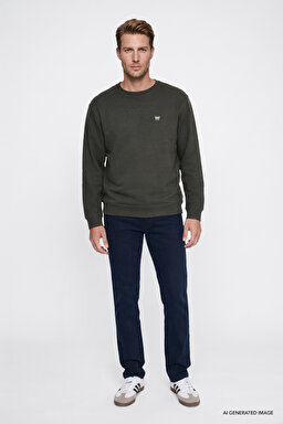 Pamuklu Selanik Regular Fit Normal Kesim Bisiklet Yaka Sweatshirt - KHAKI-W2620080801 (görsel 3)