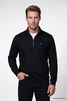 Pamuklu Selanik Regular Fit Normal Kesim Fermuarlı Dik Yaka Sweatshirt - Black-W2620081001 (görsel 3)