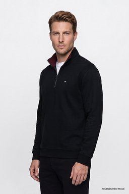 Pamuklu Selanik Regular Fit Normal Kesim Fermuarlı Dik Yaka Sweatshirt - Black-W2620081001 (görsel 4)
