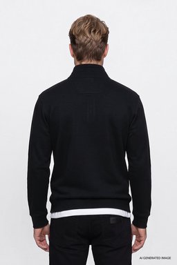 Pamuklu Selanik Regular Fit Normal Kesim Fermuarlı Dik Yaka Sweatshirt - Black-W2620081001 (görsel 5)
