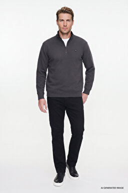 Pamuklu Selanik Regular Fit Normal Kesim Fermuarlı Dik Yaka Sweatshirt - Anthracita-W2620081035 (görsel 2)