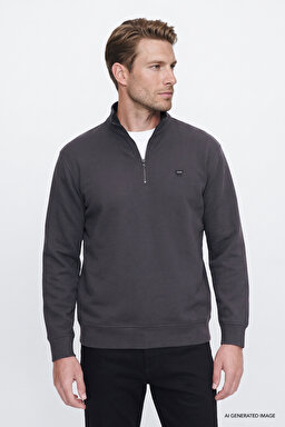 Pamuklu Selanik Regular Fit Normal Kesim Fermuarlı Dik Yaka Sweatshirt - Anthracita-W2620081035 (görsel 3)