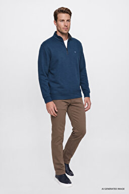 Pamuklu Selanik Regular Fit Normal Kesim Fermuarlı Dik Yaka Sweatshirt - Petrol-W2620081406 (görsel 2)