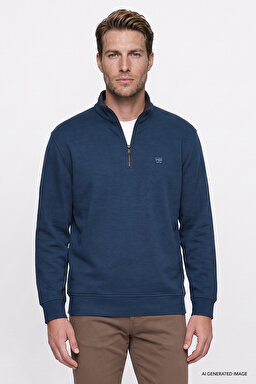 Pamuklu Selanik Regular Fit Normal Kesim Fermuarlı Dik Yaka Sweatshirt - Petrol-W2620081406 (görsel 3)