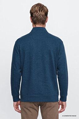 Pamuklu Selanik Regular Fit Normal Kesim Fermuarlı Dik Yaka Sweatshirt - Petrol-W2620081406 (görsel 4)
