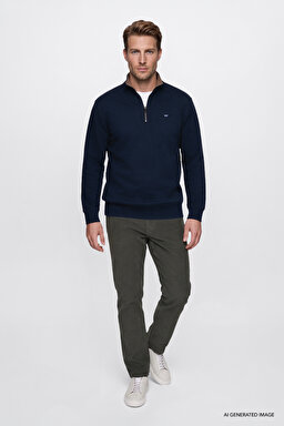 Pamuklu Selanik Regular Fit Normal Kesim Fermuarlı Dik Yaka Sweatshirt - Navy-W2620081410 (görsel 2)