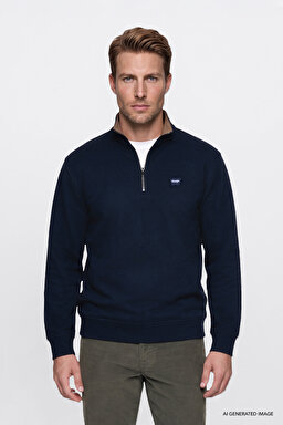 Pamuklu Selanik Regular Fit Normal Kesim Fermuarlı Dik Yaka Sweatshirt - Navy-W2620081410 (görsel 3)