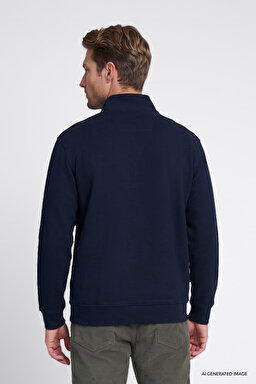 Pamuklu Selanik Regular Fit Normal Kesim Fermuarlı Dik Yaka Sweatshirt - Navy-W2620081410 (görsel 5)