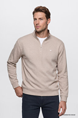 Pamuklu Selanik Regular Fit Normal Kesim Fermuarlı Dik Yaka Sweatshirt - Beige Melange-W2620081500