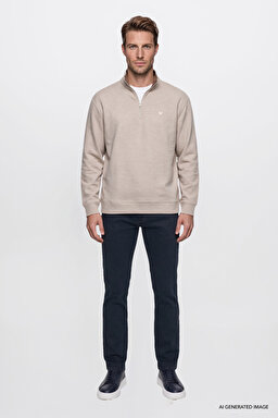 Pamuklu Selanik Regular Fit Normal Kesim Fermuarlı Dik Yaka Sweatshirt - Beige Melange-W2620081500 (görsel 2)