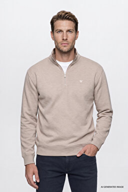 Pamuklu Selanik Regular Fit Normal Kesim Fermuarlı Dik Yaka Sweatshirt - Beige Melange-W2620081500 (görsel 3)