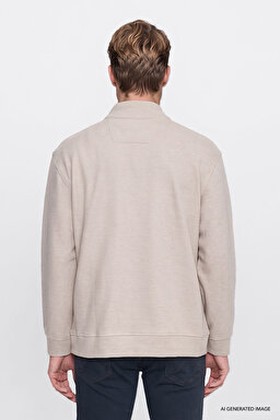 Pamuklu Selanik Regular Fit Normal Kesim Fermuarlı Dik Yaka Sweatshirt - Beige Melange-W2620081500 (görsel 4)