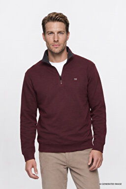 Pamuklu Selanik Regular Fit Normal Kesim Fermuarlı Dik Yaka Sweatshirt - Bordoeux-W2620081800