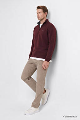 Pamuklu Selanik Regular Fit Normal Kesim Fermuarlı Dik Yaka Sweatshirt - Bordoeux-W2620081800 (görsel 2)