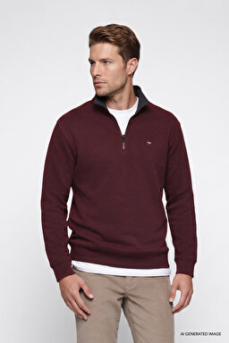 Pamuklu Selanik Regular Fit Normal Kesim Fermuarlı Dik Yaka Sweatshirt - Bordoeux-W2620081800 (görsel 3)