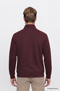Pamuklu Selanik Regular Fit Normal Kesim Fermuarlı Dik Yaka Sweatshirt - Bordoeux-W2620081800 (görsel 4)