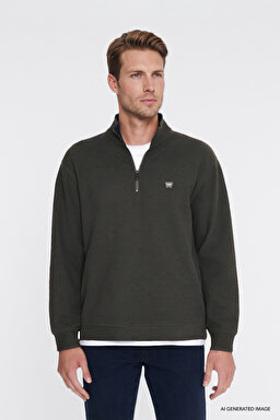 Pamuklu Selanik Regular Fit Normal Kesim Fermuarlı Dik Yaka Sweatshirt - KHAKI-W2620081801
