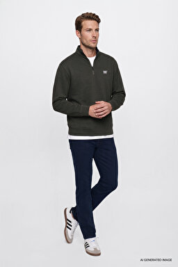 Pamuklu Selanik Regular Fit Normal Kesim Fermuarlı Dik Yaka Sweatshirt - KHAKI-W2620081801 (görsel 2)