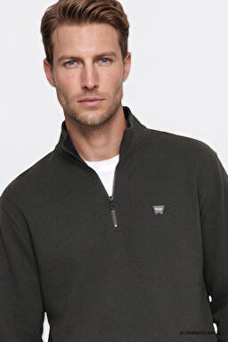 Pamuklu Selanik Regular Fit Normal Kesim Fermuarlı Dik Yaka Sweatshirt - KHAKI-W2620081801 (görsel 3)