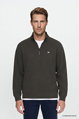 Pamuklu Selanik Regular Fit Normal Kesim Fermuarlı Dik Yaka Sweatshirt - KHAKI-W2620081801 (görsel 4)