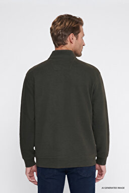 Pamuklu Selanik Regular Fit Normal Kesim Fermuarlı Dik Yaka Sweatshirt - KHAKI-W2620081801 (görsel 5)