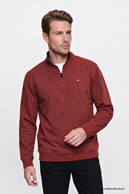 Pamuklu Selanik Regular Fit Normal Kesim Fermuarlı Dik Yaka Sweatshirt - Wine-W2620081810 (görsel 3)