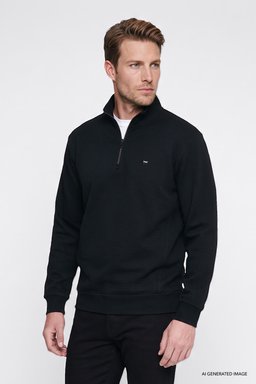 Yumuşak Dokulu Regular Fit Normal Kesim Fermuarlı Dik Yaka Sweatshirt - Black-W2620122001