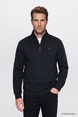 Pamuklu Regular Fit Normal Kesim Fermuarlı Dik Yaka Logo Detaylı Sweatshirt - Black-W2620157001