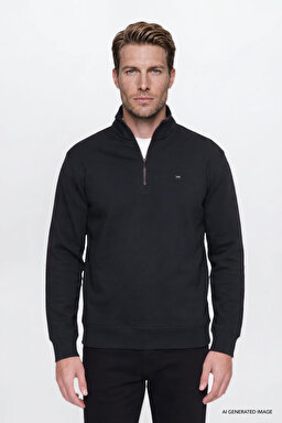 Pamuklu Regular Fit Normal Kesim Fermuarlı Dik Yaka Logo Detaylı Sweatshirt - Black-W2620157001 (görsel 3)