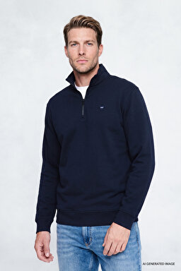 Pamuklu Regular Fit Normal Kesim Fermuarlı Dik Yaka Logo Detaylı Sweatshirt - Navy-W2620157410