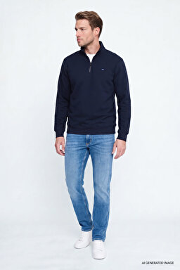 Pamuklu Regular Fit Normal Kesim Fermuarlı Dik Yaka Logo Detaylı Sweatshirt - Navy-W2620157410 (görsel 2)