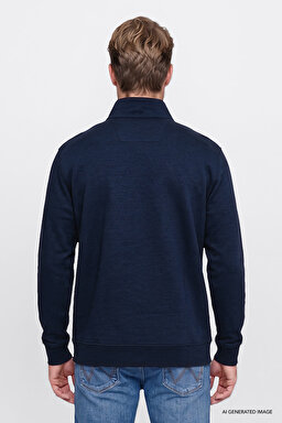 Pamuklu Regular Fit Normal Kesim Fermuarlı Dik Yaka Logo Detaylı Sweatshirt - Navy-W2620157410 (görsel 4)