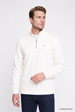 Pamuklu Regular Fit Normal Kesim Fermuarlı Dik Yaka Logo Detaylı Sweatshirt - Worn White-W2620157W02