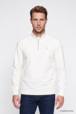 Pamuklu Regular Fit Normal Kesim Fermuarlı Dik Yaka Logo Detaylı Sweatshirt - Worn White-W2620157W02 (görsel 3)