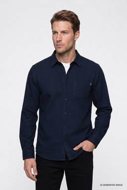 %100 Pamuk Regular Fit Normal Kesim Lacivert Gömlek - Navy-W2620202410