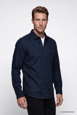 %100 Pamuk Regular Fit Normal Kesim Lacivert Gömlek - Navy-W2620202410 (görsel 3)