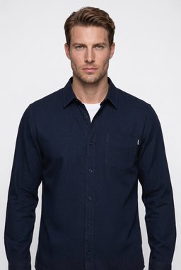 %100 Pamuk Regular Fit Normal Kesim Lacivert Gömlek - Navy-W2620202410 (görsel 4)