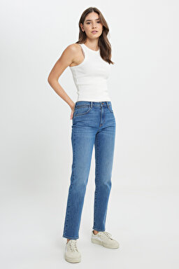 Straight Fit Düz Kesim Yüksek Bel Düz Paça Mavi Jean Kot Pantolon - Stone-W26R00258