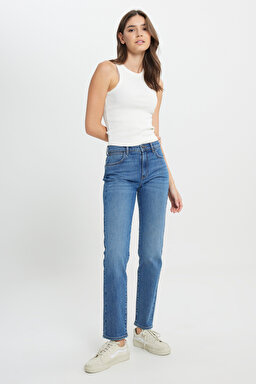 Straight Fit Düz Kesim Yüksek Bel Düz Paça Mavi Jean Kot Pantolon - Stone-W26R00258 (görsel 2)