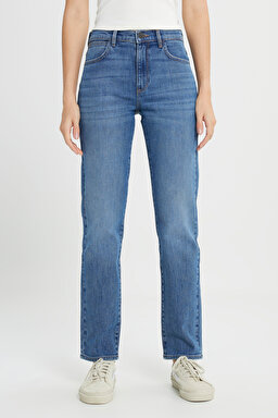 Straight Fit Düz Kesim Yüksek Bel Düz Paça Mavi Jean Kot Pantolon - Stone-W26R00258 (görsel 3)