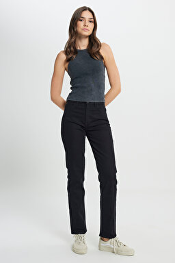 Straight Fit Düz Kesim Yüksek Bel Düz Paça Siyah Jean Kot Pantolon - Black-W26R2003001