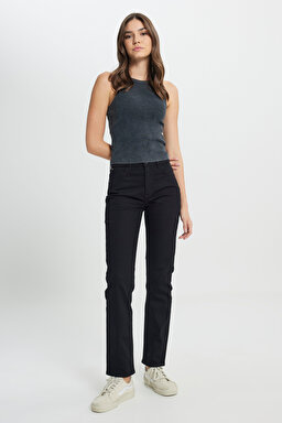 Straight Fit Düz Kesim Yüksek Bel Düz Paça Siyah Jean Kot Pantolon - Black-W26R2003001 (görsel 2)