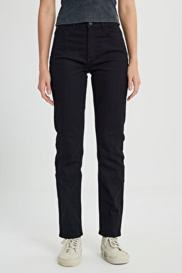 Straight Fit Düz Kesim Yüksek Bel Düz Paça Siyah Jean Kot Pantolon - Black-W26R2003001 (görsel 3)