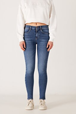 High Rise Skinny Fit Dar Kesim Yüksek Bel Mavi Esnek Jean Kot Pantolon - Mid Blue-W27H017XT